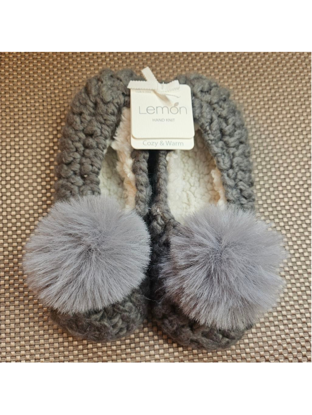 Women's Lemon Gray Hand Knit Slippers with Pom Poms